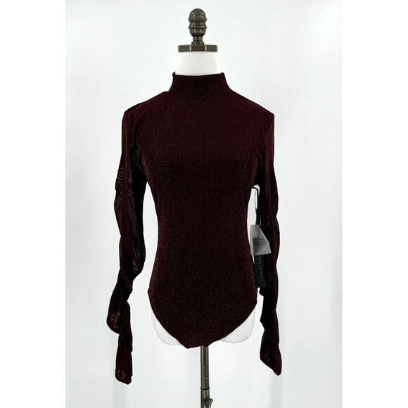 House of Harlow Brown Metallic Mock Neck Ruched Bodysuit Sz L NWT - Picture 1 of 6